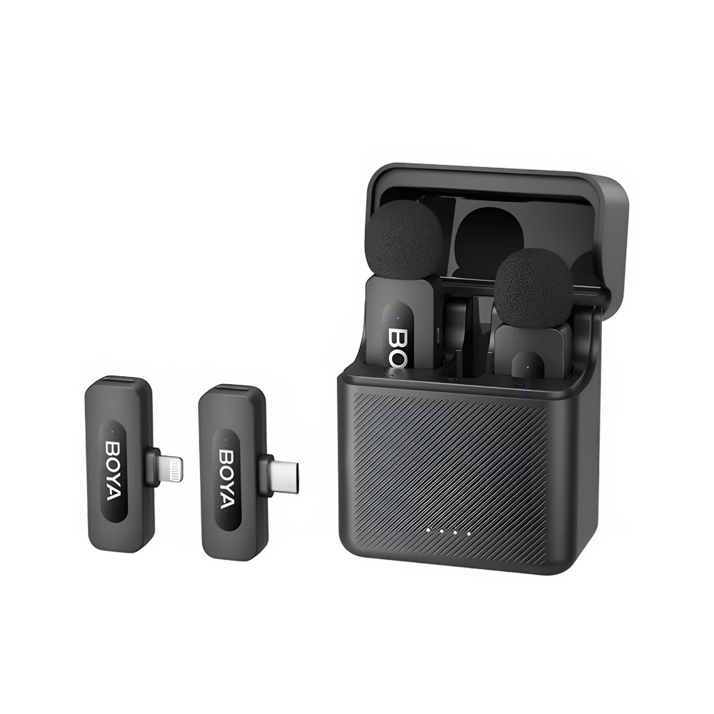Boya Wireless Microphone Combo 3 in1 3 2TX+2RX+1 case de încărcare (USB-C+Lightning plug), negru